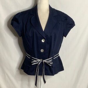 Dressbarn Navy Short Sleeve Blazer Top with Striped Belt Size 14 Career Office